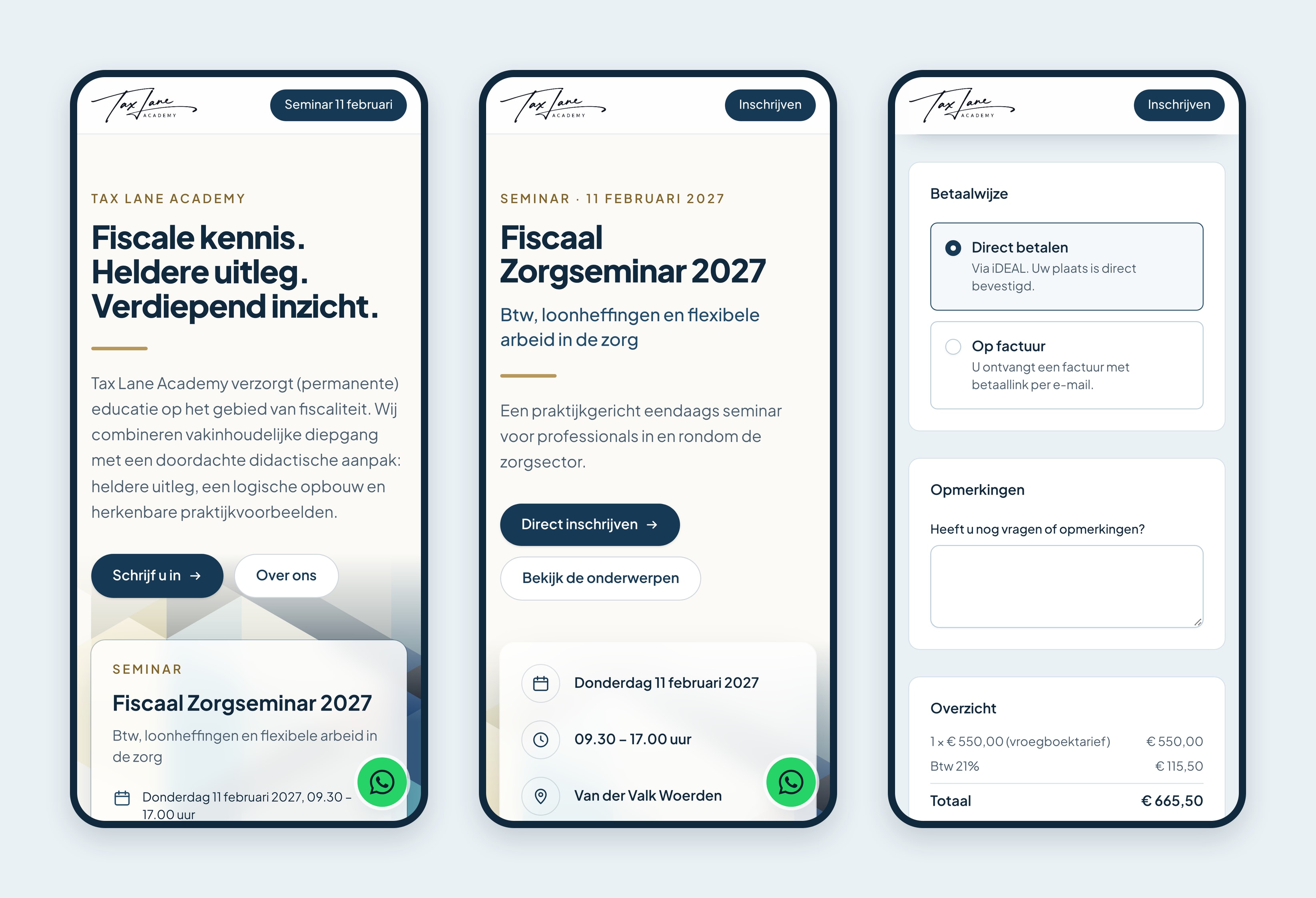 The homepage, a seminar and the sign-up on a phone