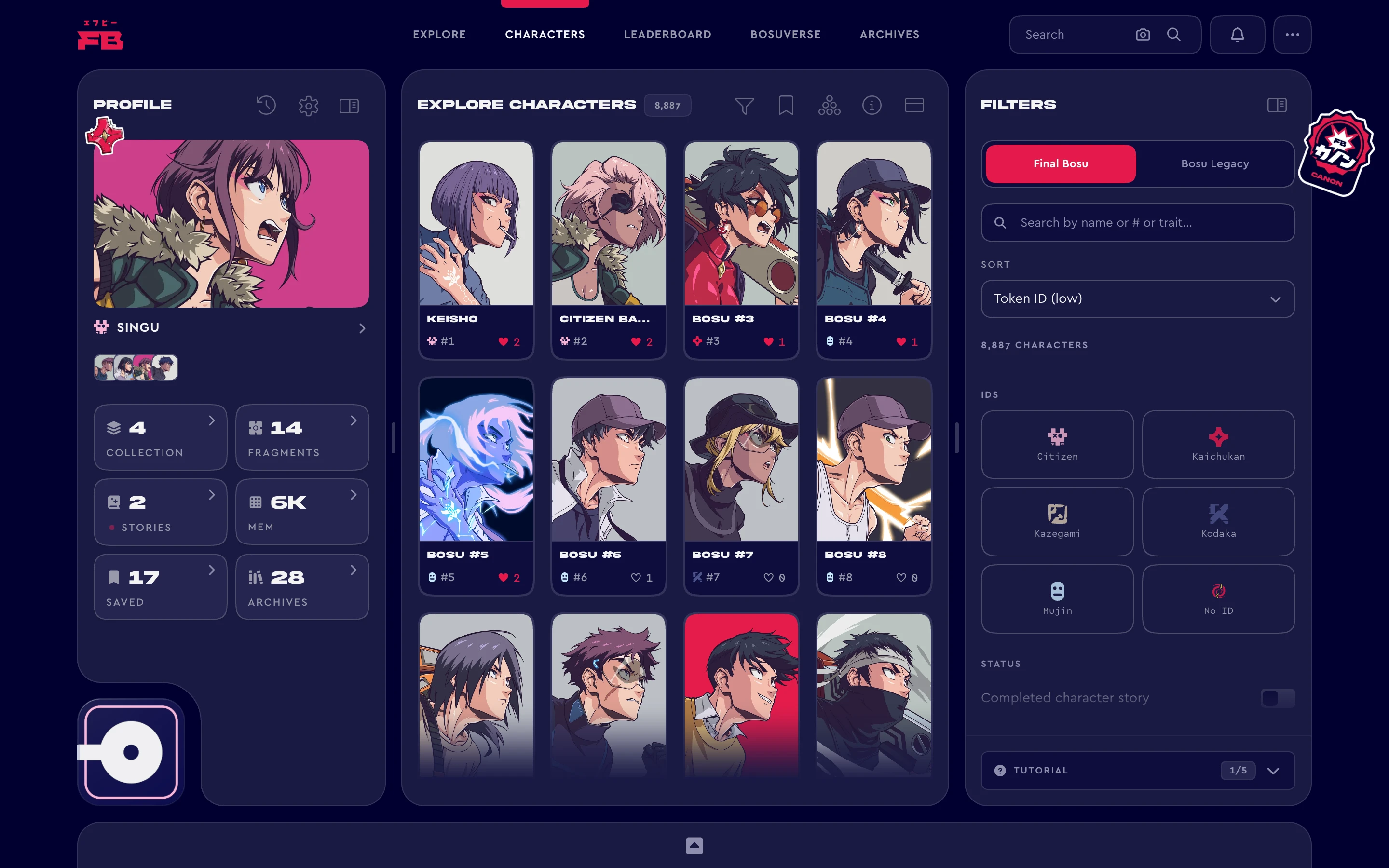 Every Character in the universe, with the collector's profile alongside