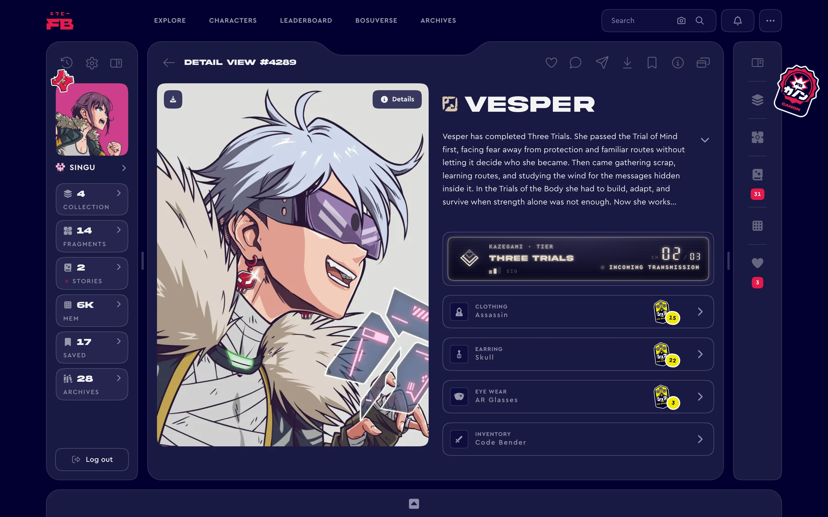 A Character's page as a collector sees it, their profile alongside